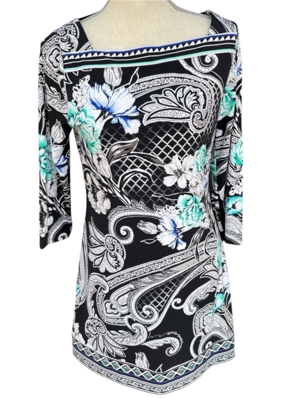 WHBM Black/White/Teal Boat Neck 7/8 Sleeve A-Line Tunic Top (M)